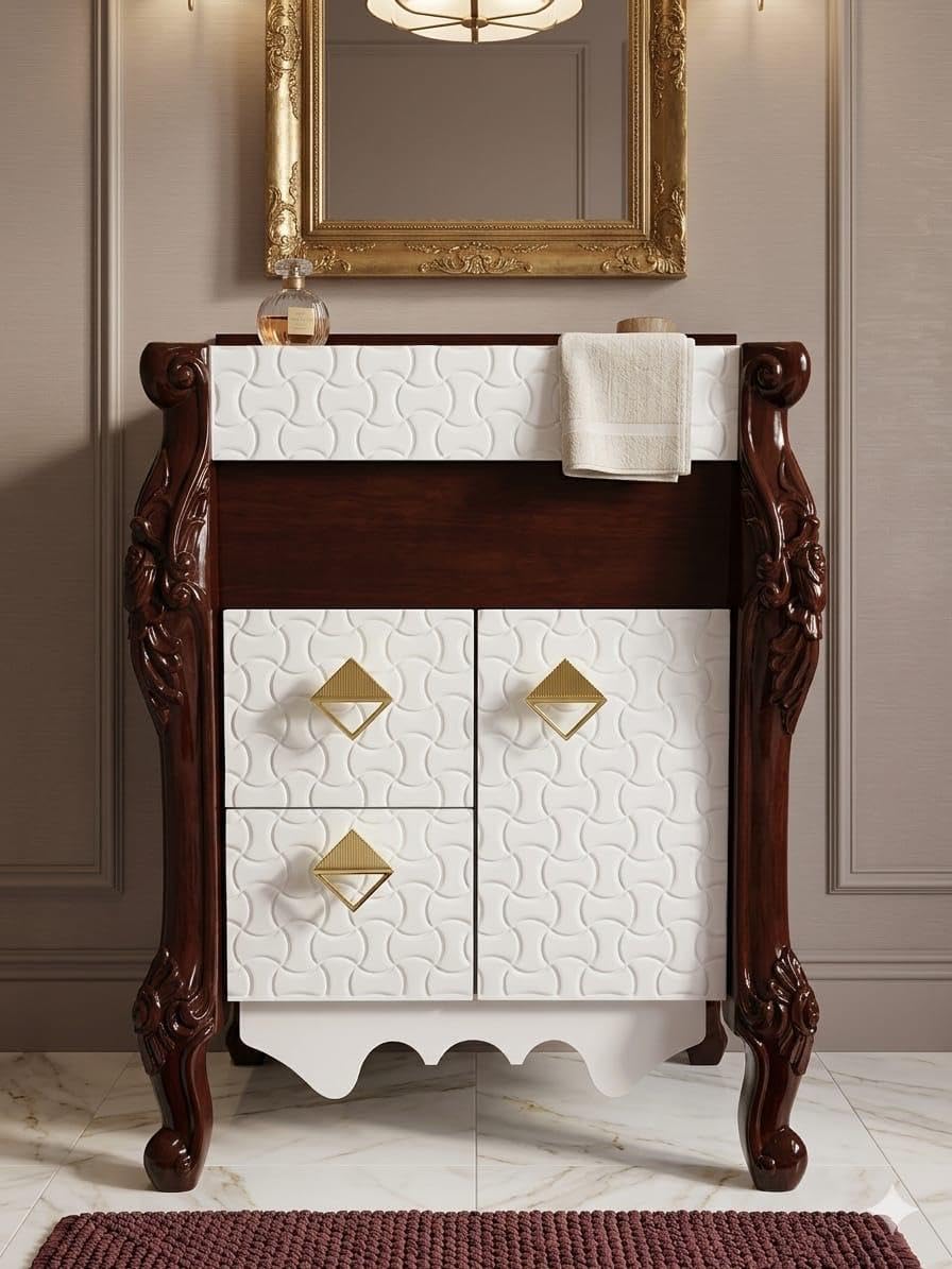 Luxury Bathroom Vanity Storage Cabinet with Carved Solid Wood Frame, Textured White Doors, Gold Handles, Built-in Towel Bar-image-46