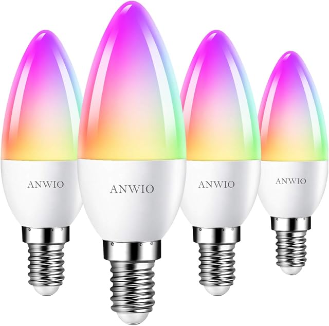 ANWIO E14 Candle Smart WiFi LED Bulb, C37 Dimmable RGB Bulbs,470Lm, 5W Replace 40 Watt Alexa Candle Light Bulb,Google Assistant,E14 Remote Control Bulb (4 Pack,Supports 2.4g WiFi)