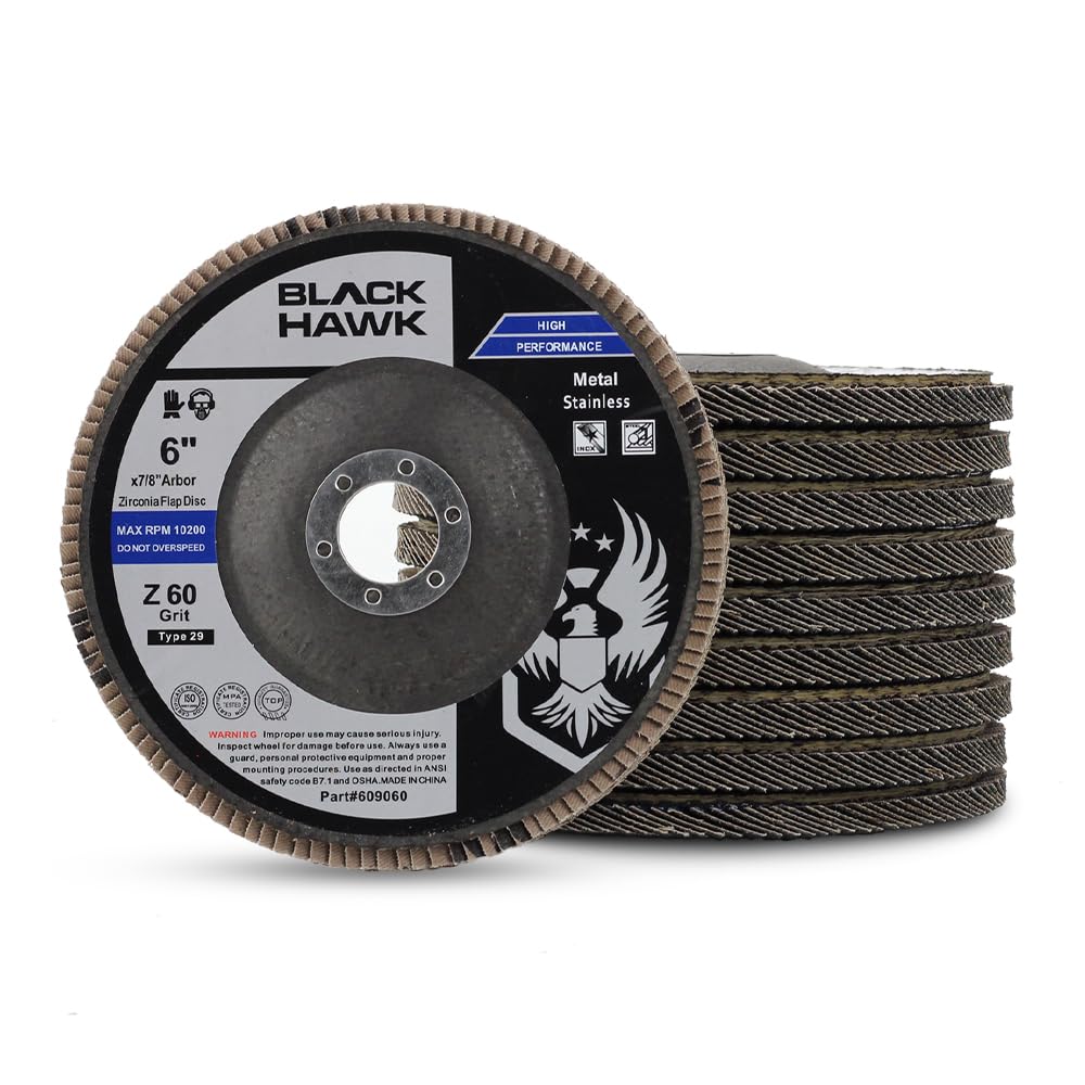 BHA 6 Inch Zirconia Abrasive Flap Discs Angle Grinder Wheels for Deburring, Blending, Rust Removal, Grinding Metal or Sanding Wood Type 29, 6” x 7/8” - 10 Pack (60 Grit)