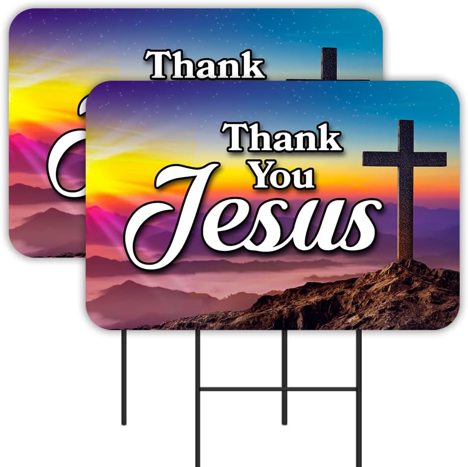 Thank You JESUS 2 Pack Double-Sided Yard Signs 16" x 24" with Metal Stakes (Made in Texas)