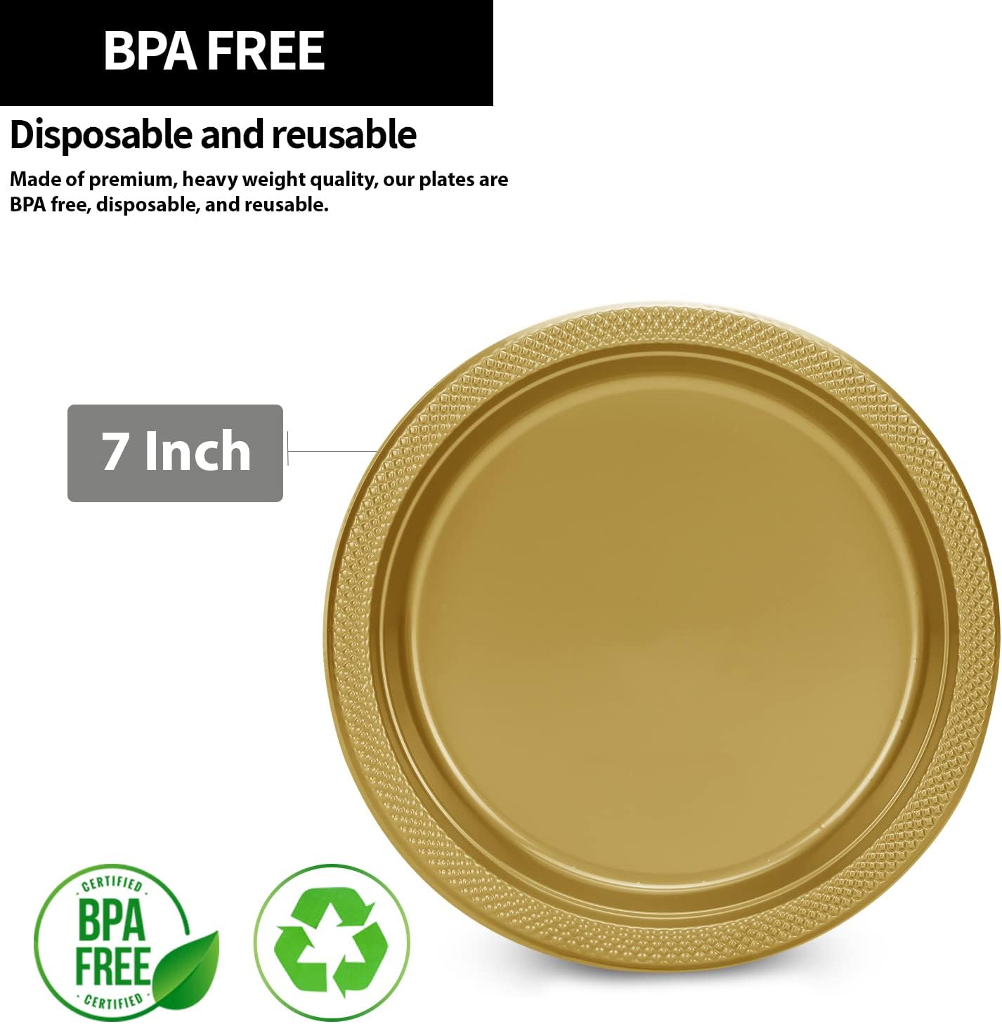 Gold Solid Color Premium Heavy Weight Plastic Appetizer Plate (7") 50 Count - Elegant & Durable, Perfect for Parties & Events - Image 2