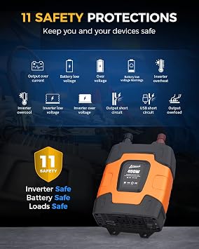 Ampeak 400W Power Inverter, 12V DC to 110V AC, 11 Protections