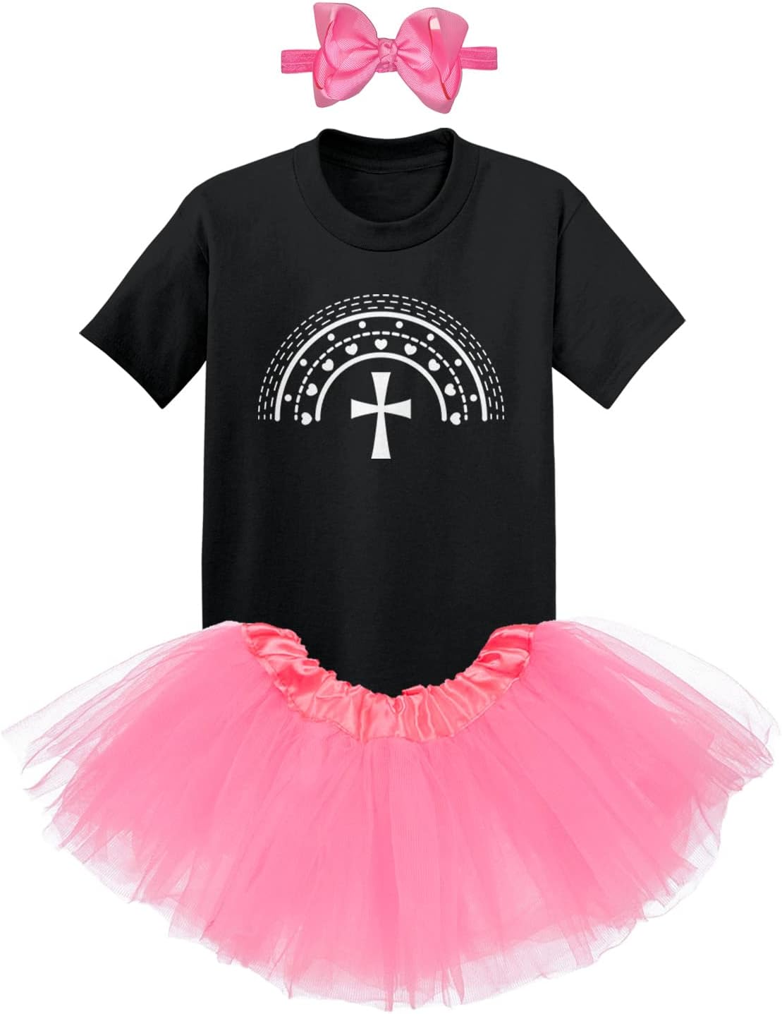 Cross With Pattern - Easter Hearts Lent Baby Bodysuit + Tutu Skirt + Bow Headband Set