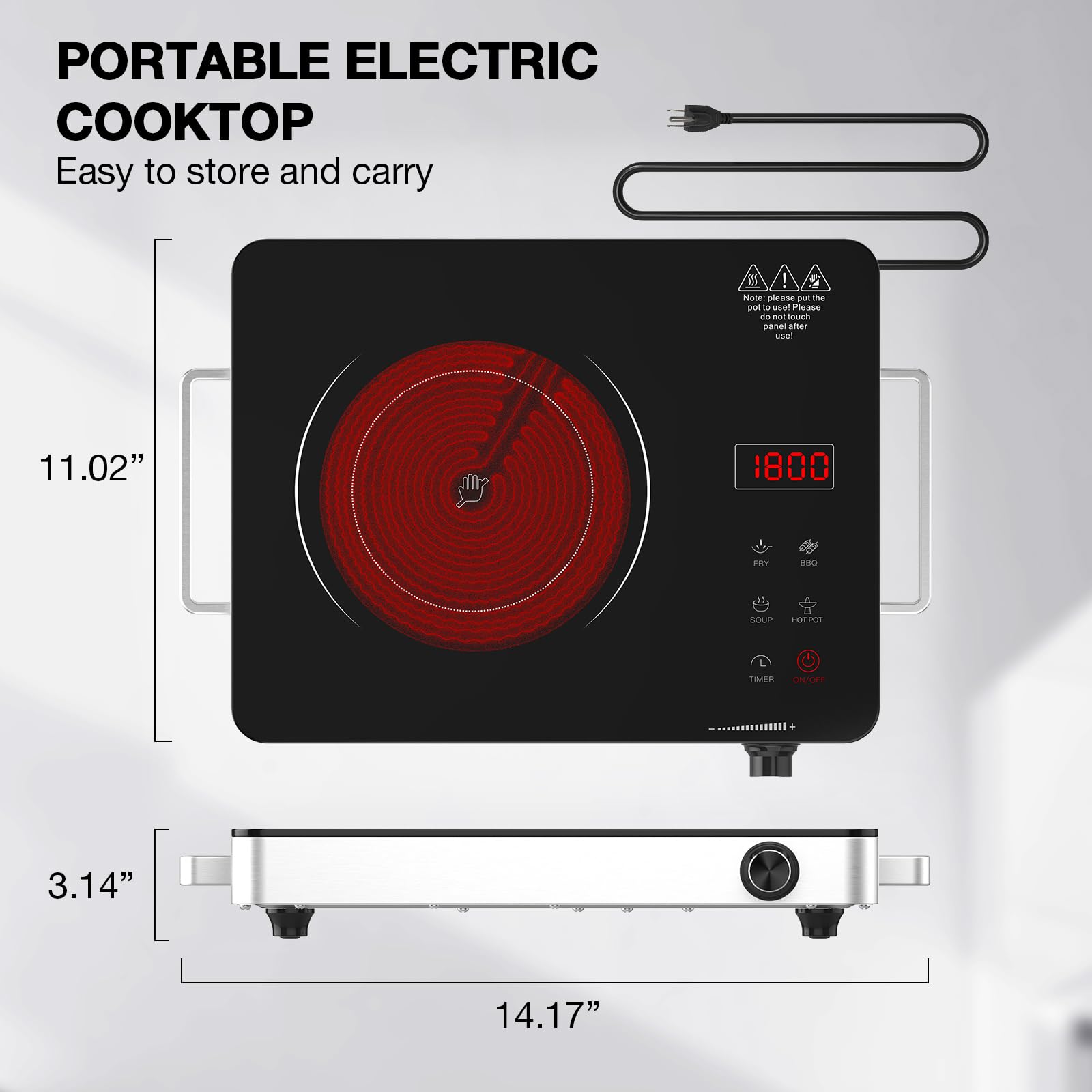 Cocina eléctrica, estufa eléctrica portátil de 1800 W con enchufe, encimera de placa caliente, quemador infrarrojo de 110 V-120 V, bloqueo de seguridad para niños, temporizador, control táctil y 2
