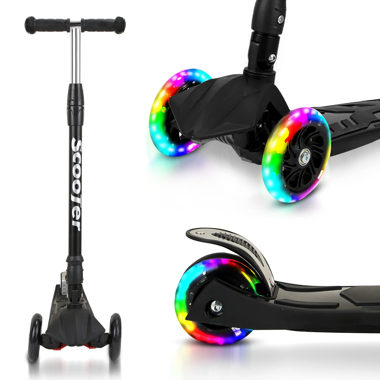 Trottinette à 3 roues pour enfants à partir de 3 à 14 ans - Avec 3 roues lumineuses LED - Hauteur réglable - Pliable - Freins arrière - Maximum 50 kg