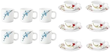 Mimosa Opalware Mug Set, 6 Piece, White, 180 Ml & - Red Lily (LH) Opalware Cup and Saucer Set, 145ml, 12-Pieces, White and Red Lilly