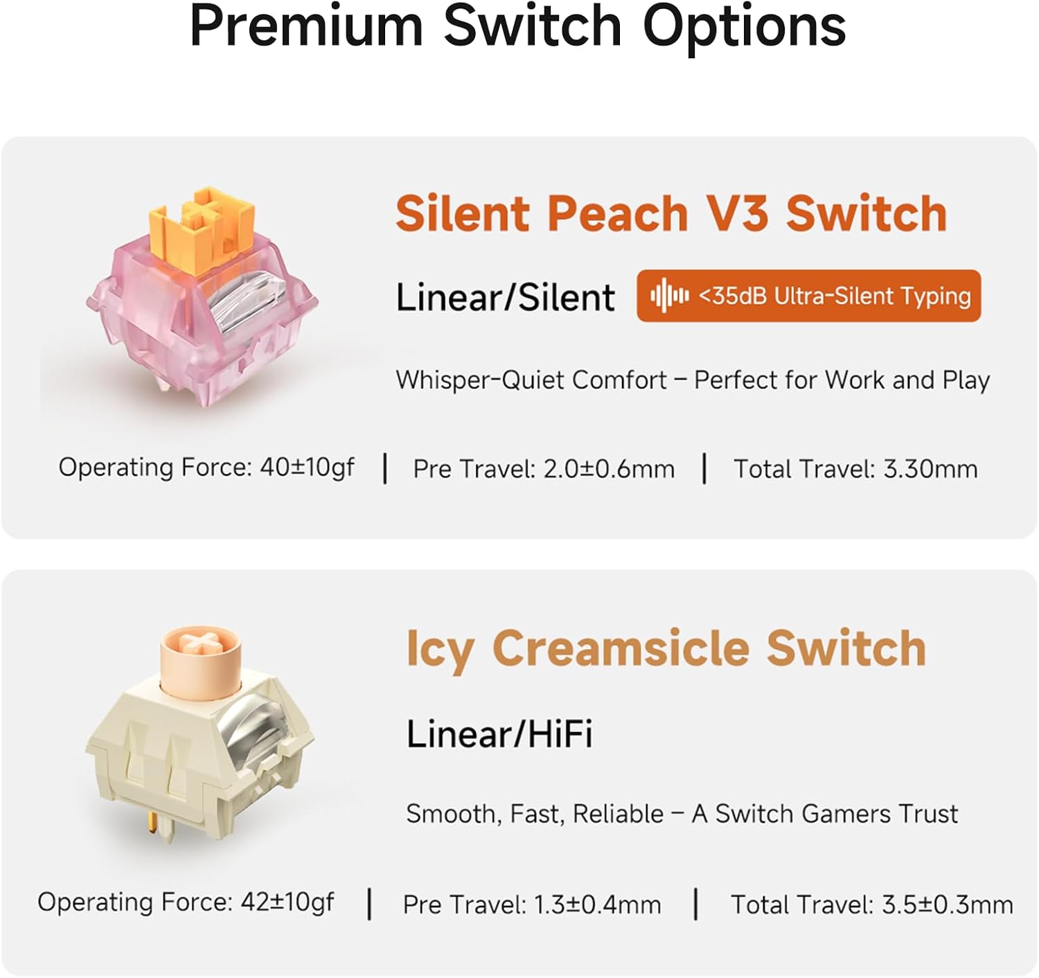 Diagram comparing Silent Peach V3 and Icy Creamsicle switch specifications.