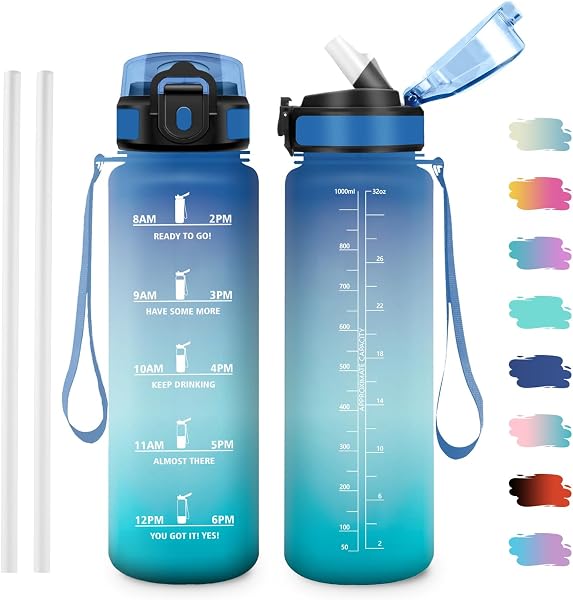 Bouteille Sport 1L, Gourde Motivation sans BPA avec Paille, Gourde avec Marqueur de Temps pour Randonnée, Bureau, l'école - 1