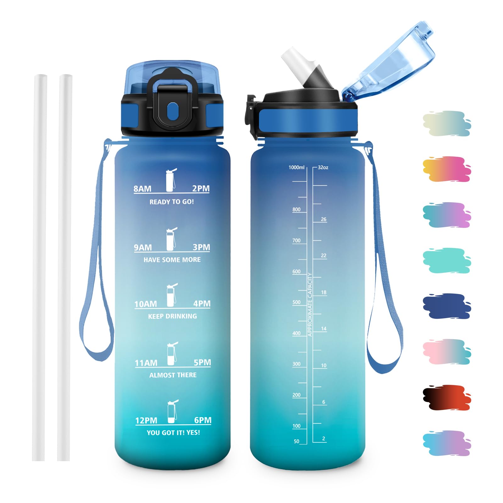 JAPORIA 1L Water Bottle with Straw, Sports Water Bottles with Time Markers, BPA Free Bottle for School, Office
