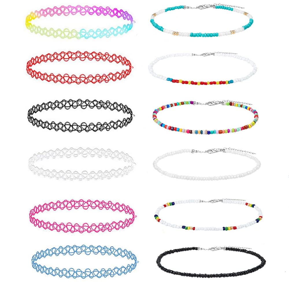 LICQIC 90s Choker Necklace Kit, 12Pcs Tattoo Choker Necklace, Elastic Stretchable Neon Chokers, Gothic Tattoo Choker Chain Jewelry for Women Girls, Colourful