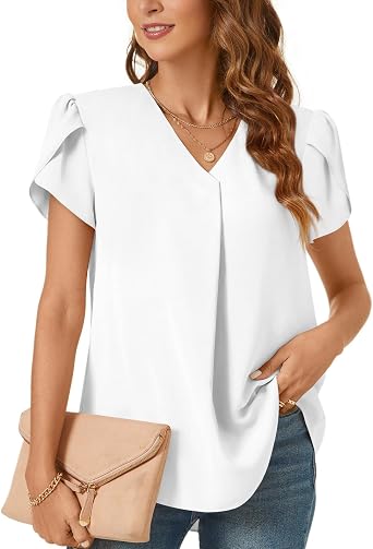 Bestbee Womens Dressy Chiffon Blouses V Neck Tops Tee 2025 Summer Shirts Petal Short Sleeve Casual T-Shirts