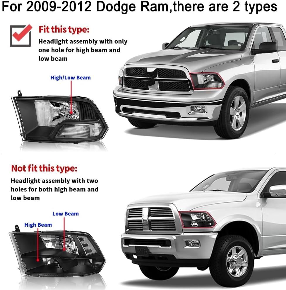 Headlight Assembly Set Fit for 2009-2012 Dodge Ram 1500/2010-2012 Dodge Ram 2500 3500 Pickup OE Replacement Headlamp Black Lens Clear Reflector (Fit for Dual Beam Model)