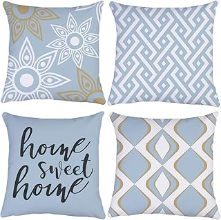 Geometric Home Sweet Home Throw Lot de 4 housses de coussin design double face pour canapé de voiture Bleu marine et blanc, Mix & Match