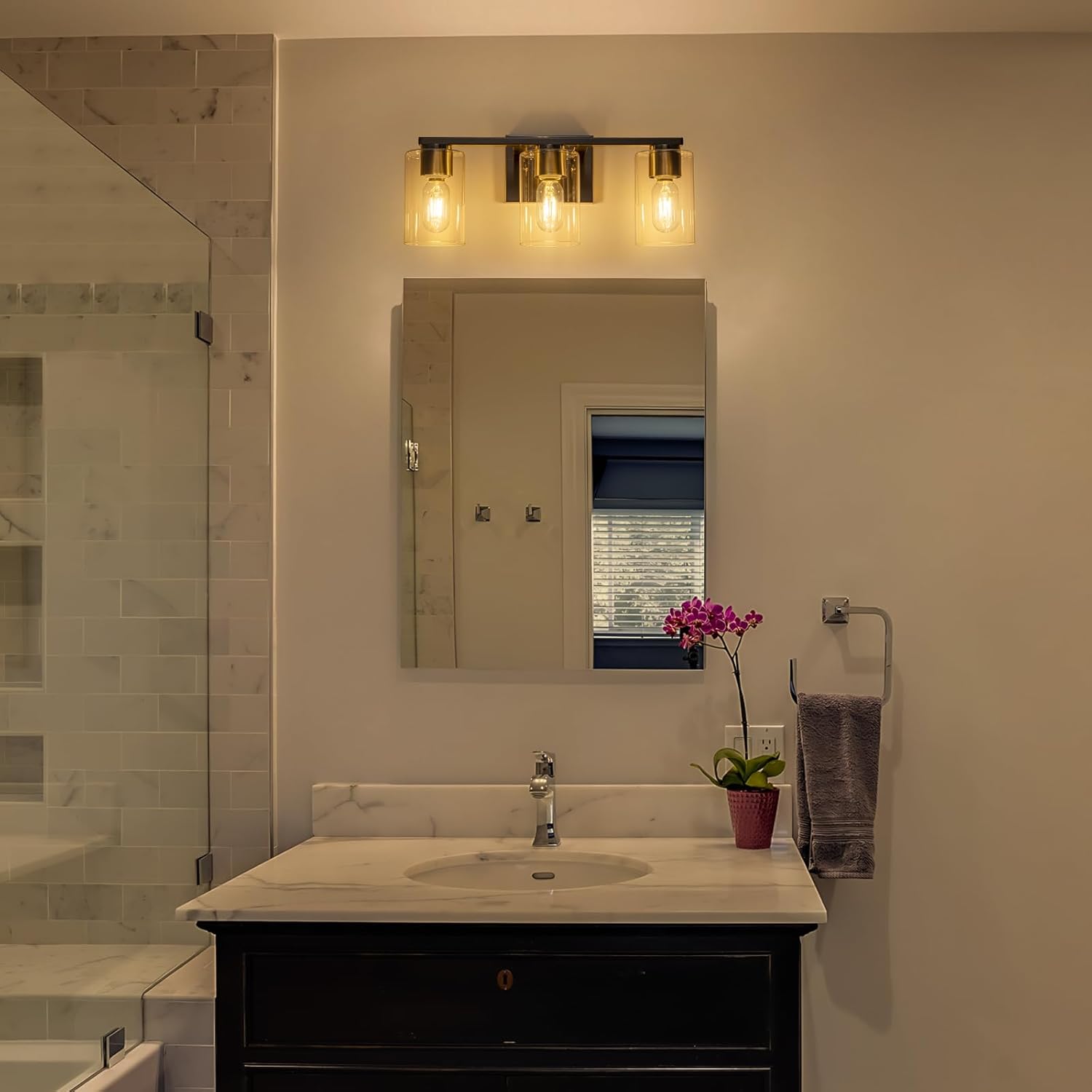 WILON Vanity Light Bathroom, 3 Light Black Modern Vanity Lights with Clear Glass Wall Sconces with Clear Glass, E26 Base, Suitable for Bathroom, Bedroom, Living Room, Corridor (Nickel Sand)