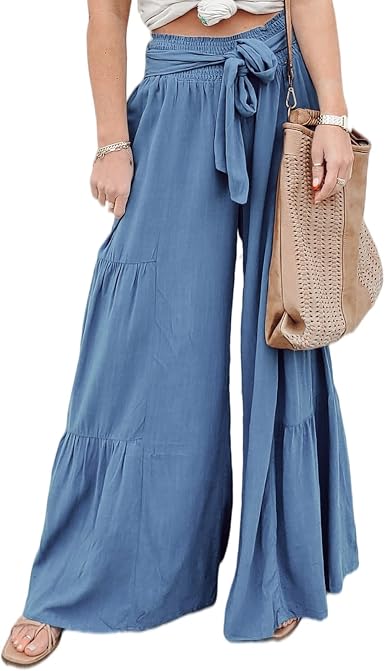 Amazon.com: Pantalones Palazzo elásticos de mezcla de lino para mujer,  pantalones de pierna ancha : Ropa, Zapatos y Joyería