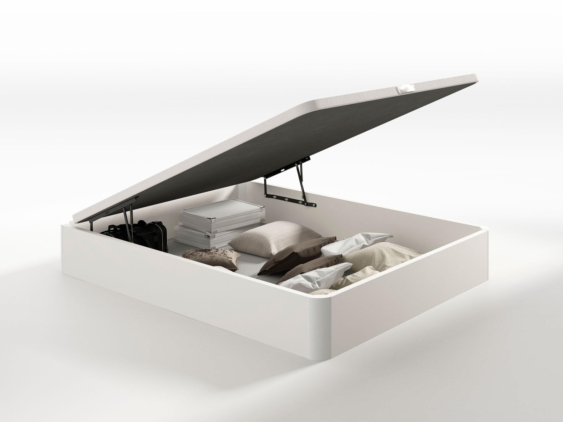 Canapé abatible madera 32 cm alto, gran capacidad, pistón hidráulico, fácil apertura, base tapizada 3D transpirable, esquinas redondeadas, montaje y retirada de usado incluidos. - Blanco, 150x190 cm