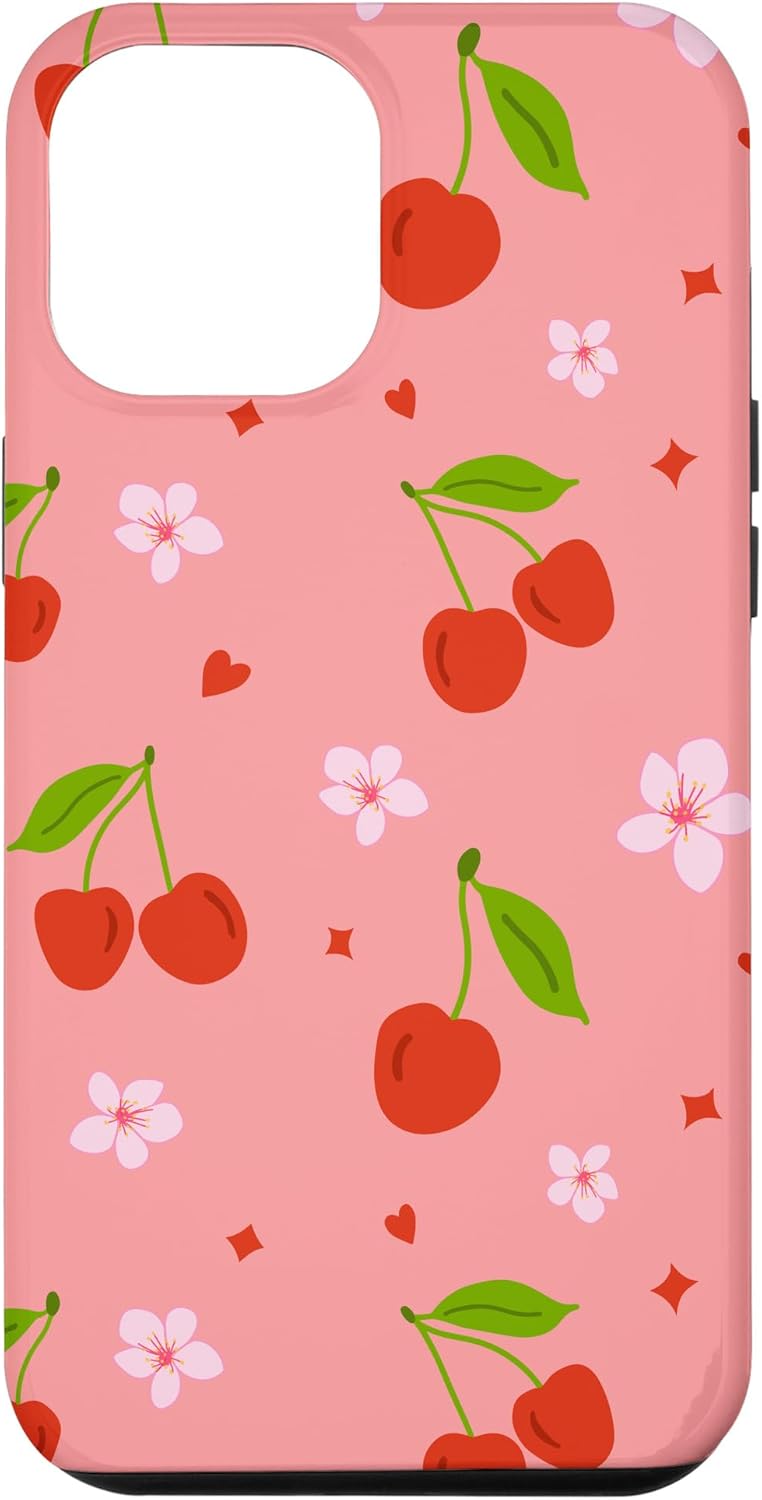 iPhone 14 Cherries and Cherry Blossom Heart Fruit Pattern Pink Case