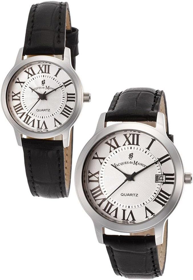 Men's & Women's Silver Dial Black Genuine Leather Set of 2