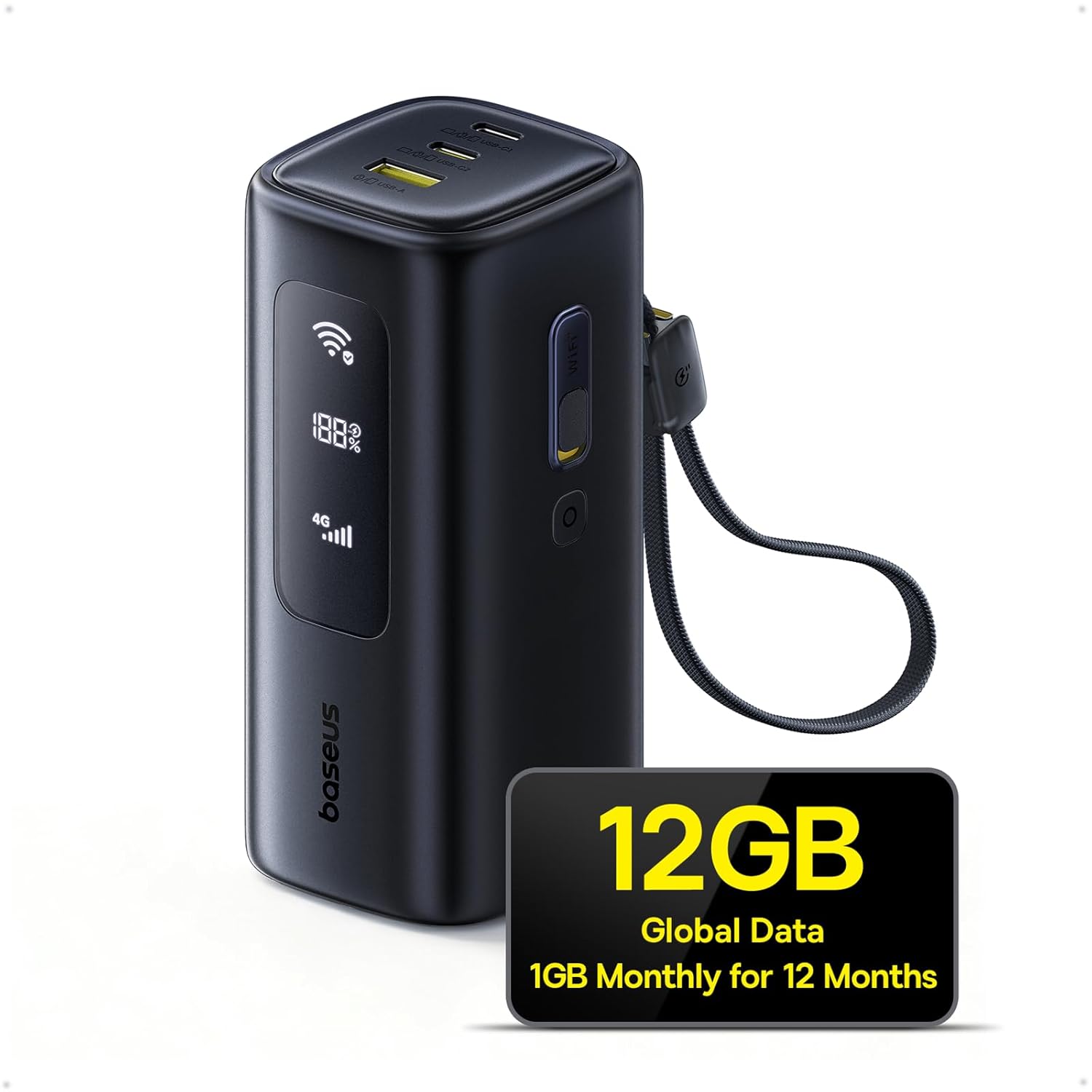 Baseus 4G LTE Mobile Hotspot 20000mAh 67W Power Bank 2-in-1 Portable WiFi for Travel in 150 Countries No