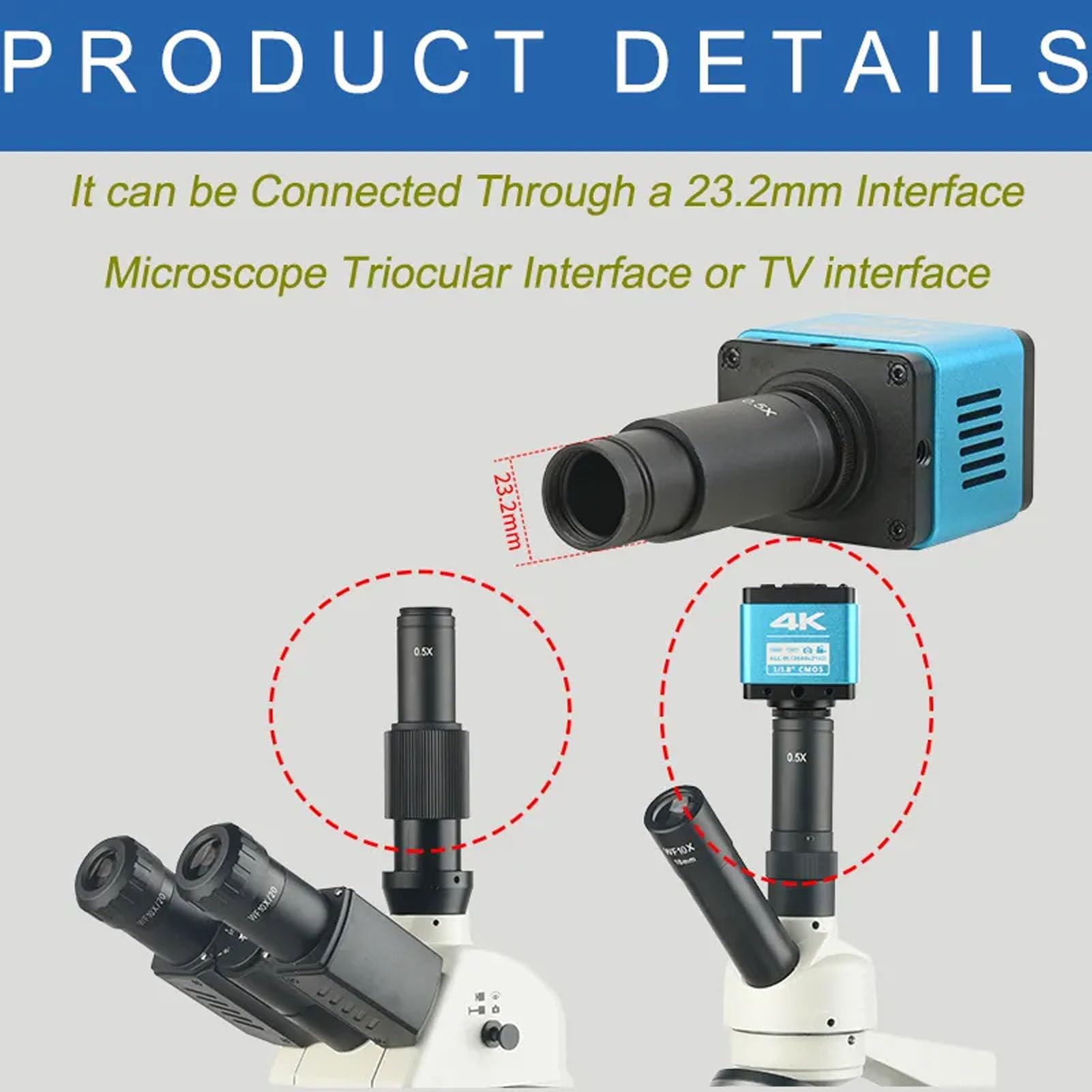 Kamera Mikroskopowa 4K 8,3 MP z Okularem Elektronicznym 0,5X, Wyjściem Interfejsu Multimedialnego HD, dla Ognisk 23,2–30 Mm i 30,5 Mm, Mikroskop Biologiczny (wtyczka UE)
