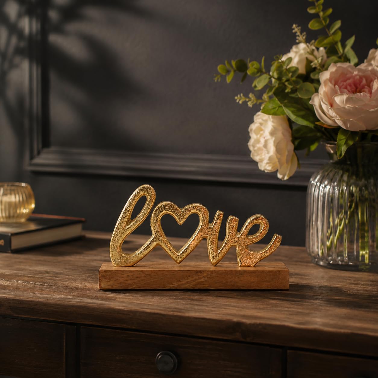 BEHOMA Love Sign Decor | Word Showpice for Couples | Romantic Birthday & Valentine’s Day Gift for Girlfriend and Loved Ones | Metal Love Sign with Wooden Base | Home & Office Tabletop Décor | Gold-image-13
