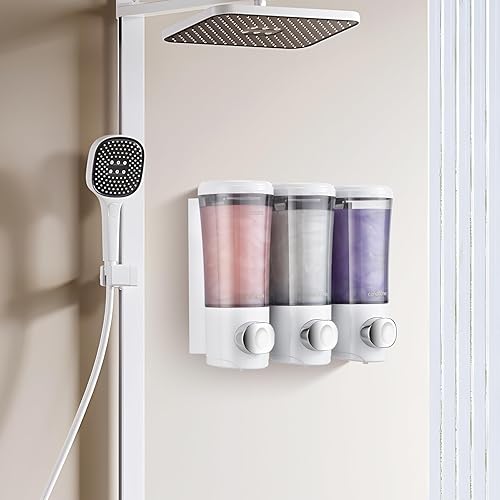 Miniatura 4 de Dispensador de jabón de ducha, 3 cámaras, sin taladro, dispensador de champú y acondicionador, dispensador de 15 onzas cada recipiente,