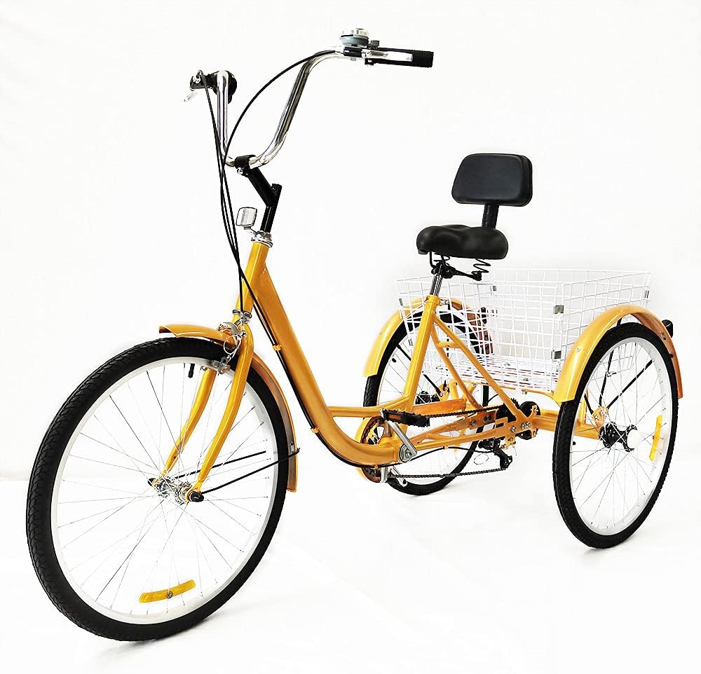 Adult Tricycle Adult 6 Speed 3 Wheel Bike Folding Tricycle Trike Cruiser Bike Tricycle Seniors Shopping Cargo Trike with Basket for Elderly Outdoor Shopping, Height Adjustable, Yellow, 24 inch