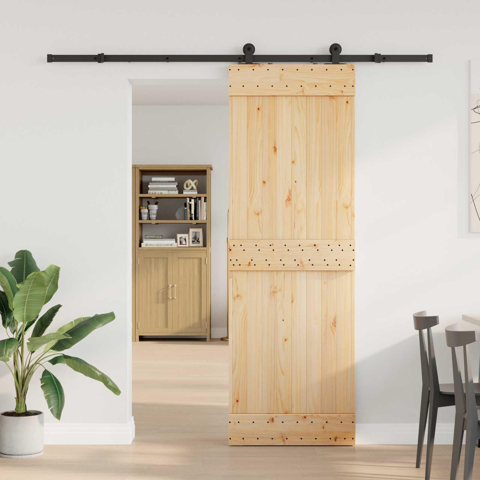 Puerta corredera Narvik natural y negra 213,5 x 210 cm | Madera de pino maciza, guía de acero, mecanismo superior, ahorra espacio, para interiores