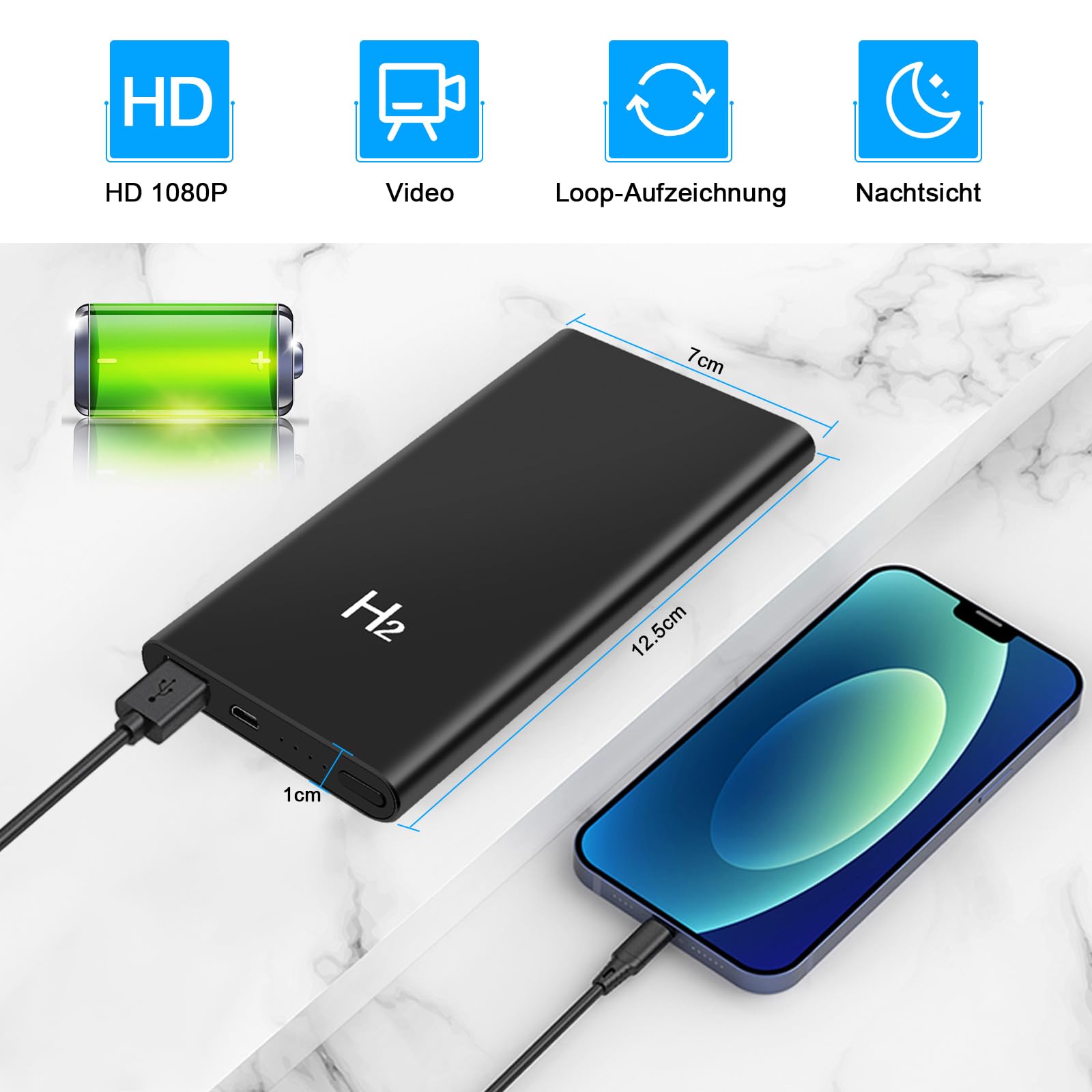 Mini-Videokamera, 2-in-1-Minikamera mit 5000-mAh-Powerbank