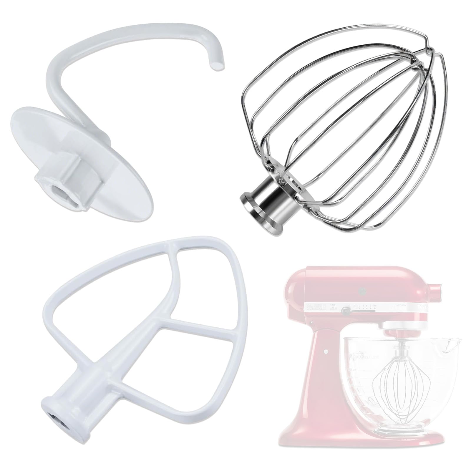 LZEXIN 3pcs Kitchen Aid Replacement Accessories for 4.5 Quart Classic Series & 5 Quart Artisan Series Tilt-Head Stand Mixers, Include Aluminum K45 6-Wire Whisk, Flex Edge Beater, Dough Hook