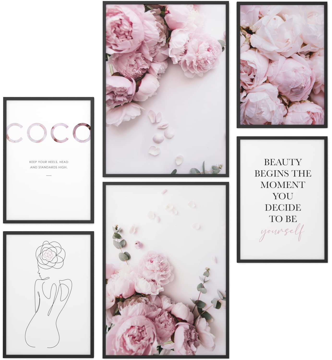 Papierschmiede® Mood Poster Set Coco Peony, Fertiges Bilder Set mit Rahmen (Holz, schwarz), Wohnzimmer Deko Schlafzimmer, 2x DIN A4 und 4x DIN A5, rosa Pfingstrosen Eukalyptus Floral