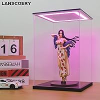 Vista 4 de LANSCOERY Vitrina de acrílico transparente con doble luz, soporte de caja de exhibición de cubo con base negra, escaparate de protección a prueba