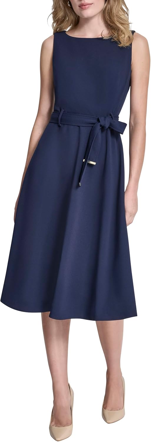 DKNY Womens Sleeveless Jewel Neck Scuba Crepe Removable Belt Midi Dress