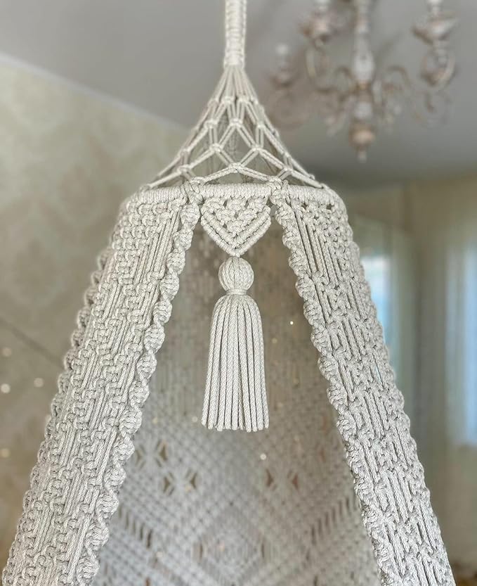 Image of Macrame Hanging Chair Swing with Cushion | Handmade Boho Hammock Chair for Adults & Kids | Indoor Outdoor for Balcony, Living Room, Bedroom, Patio & Garden (Off White 2)