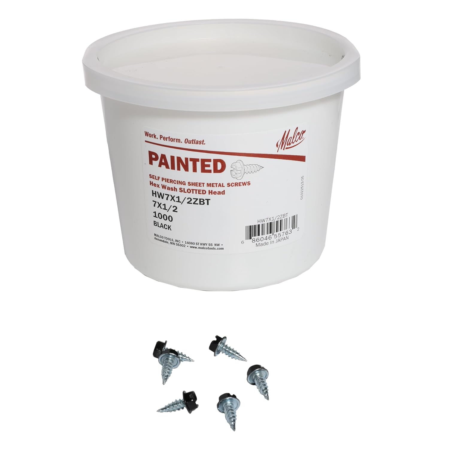 Malco HW7X1/2ZBT Black Painted Zip-in® Self-Piercing Sheet Metal Screws Size 7 Shank- 1/2" Length - 1/4" Slotted Hex Head - Tub of 1000