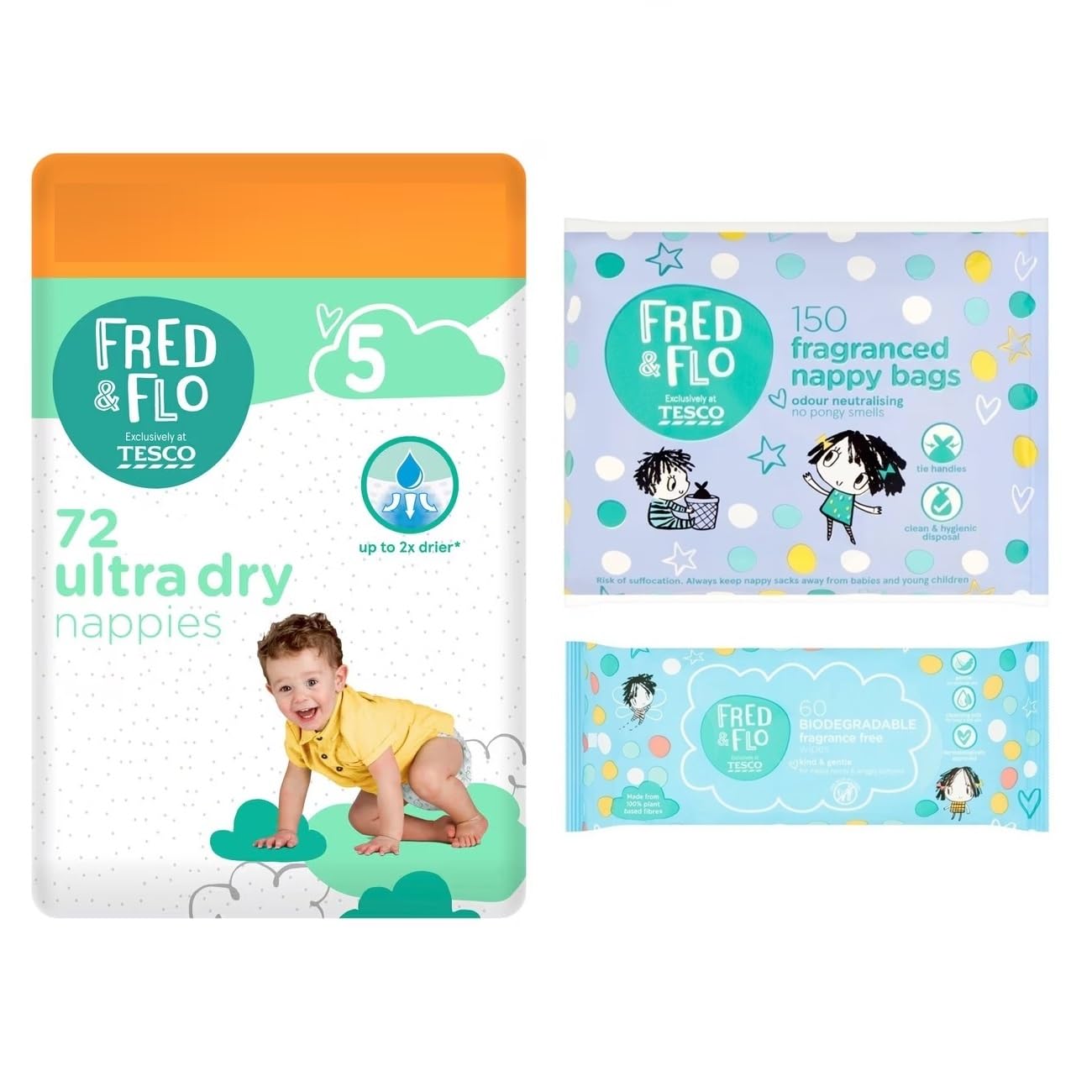 Fred & Flo Size 5 Nappies Jumbo 72 Pack Bundle with Nappy Bags & Fragrance Free Wipes