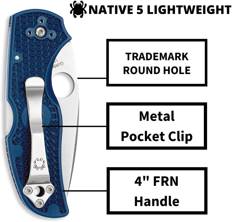 Spyderco Native 5 Lightweight Folding Knife with 2" CPM S110V Steel Blade and FRN Handle - EDC Knife for Men and Women, Perfect for Hunting, Tactical, Camping, Survival, Hiking - PlainEdge - C41PDBL5