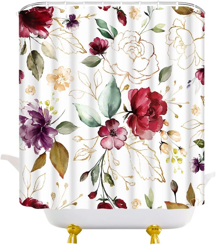 Burgundy Red Floral Shower Curtain Elegant Flower Modern Watercolor Plant Leaf Bathroom Decor Fabric Home with Hooks,(78" Wx70 H)
