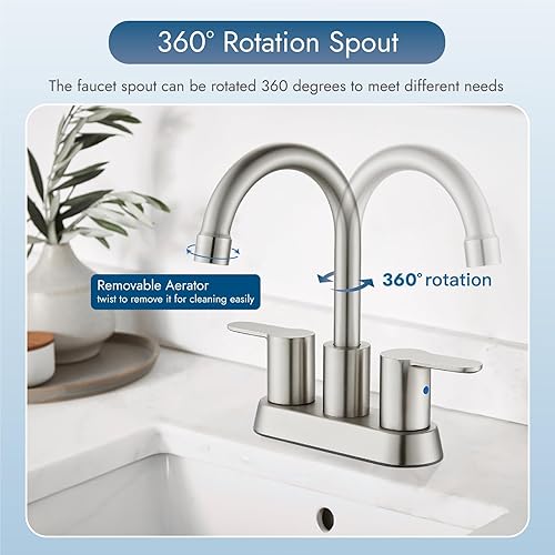 Miniatura 2 de Grifo de baño de 4 pulgadas, grifo de lavabo de baño de doble mango, grifo de baño de níquel cepillado, boquilla giratoria de 360 grados, montaje en