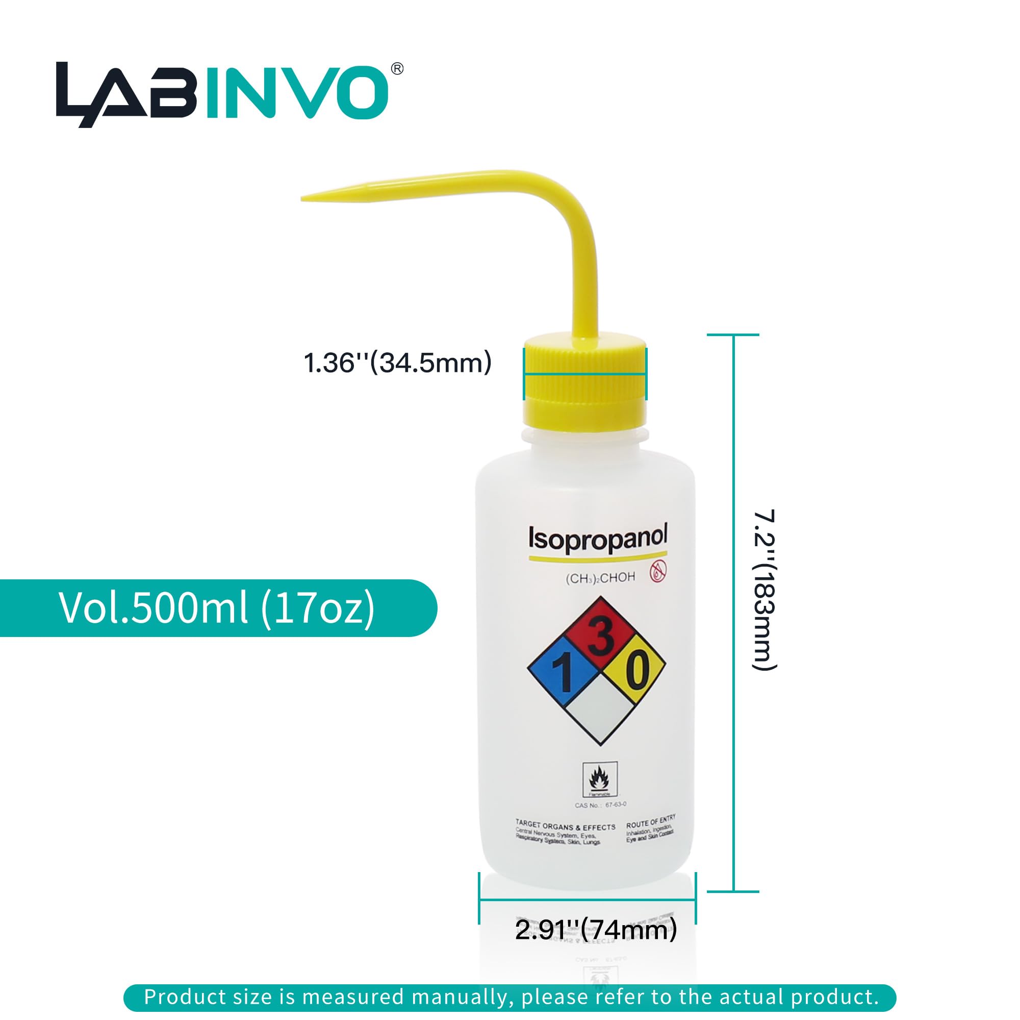 Bottiglia di lavaggio isopropanolo, 1 pezzo di Vol.500 ml (17 once), bocca stretta, bottiglie di lavaggio di sicurezza autoventilanti, materiale LDPE, IN-WBI501