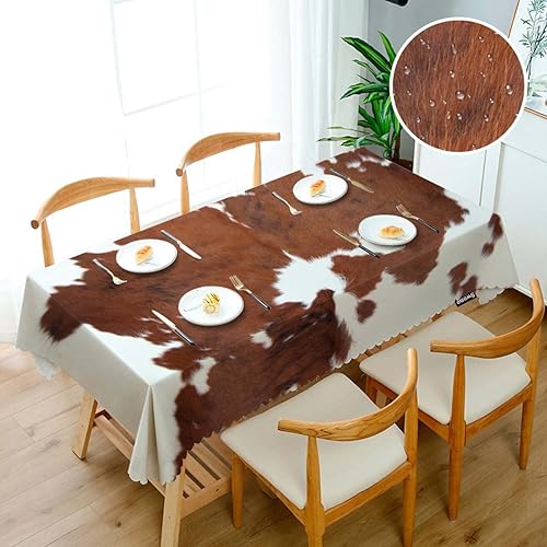 Miniatura 3 de Swono Mantel decorativo rectangular de cuero de vaca, impresión de animal de granja, cuero marrón, poliéster de vaca, mantel de cocina para comedor,