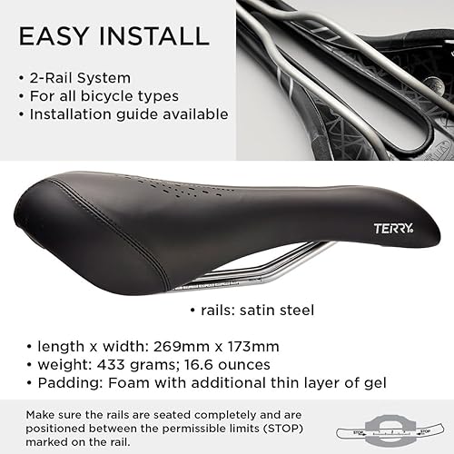 Miniatura 4 de Terry Liberator Y Gel Sillín de bicicleta para hombre - Cojín ancho acolchado para asiento de bicicleta cómodo y largo, funda negra para asiento de