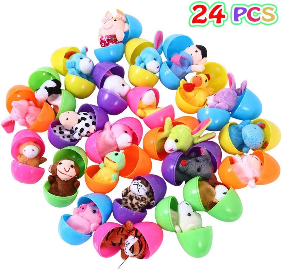 FunsLane 24pcs Easter Eggs Filled with Finger Puppets for Toddlers, 2.36 Inches Bright Colorful Plastic Easter Eggs for Kids Pinata Toys, Party Game Prizes, Goodie Bag Fillers
