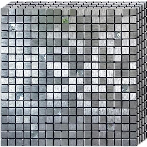 Homeymosaic Metal Backsplash Tile Peel And Stick On Kitchen Bathroom Fireplace 3D Plaid Glass Mixed In Brushed Silver,5-Sheets #TOP26