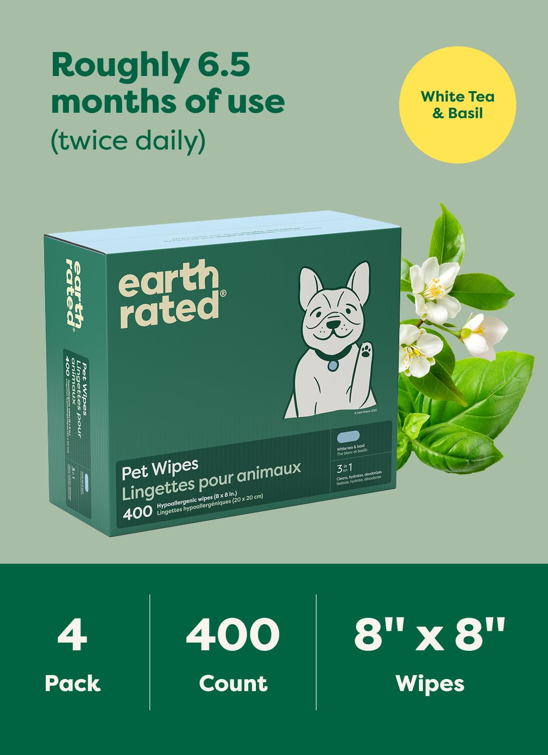 Earth Rated Toallitas para mascotas para perros y gatos, hipoalergénicas, limpieza 3 en 1, desodorizante e hidratante, para las patas de aseo, cuerpo y trasero, nuevo té blanco y albahaca escente, 400