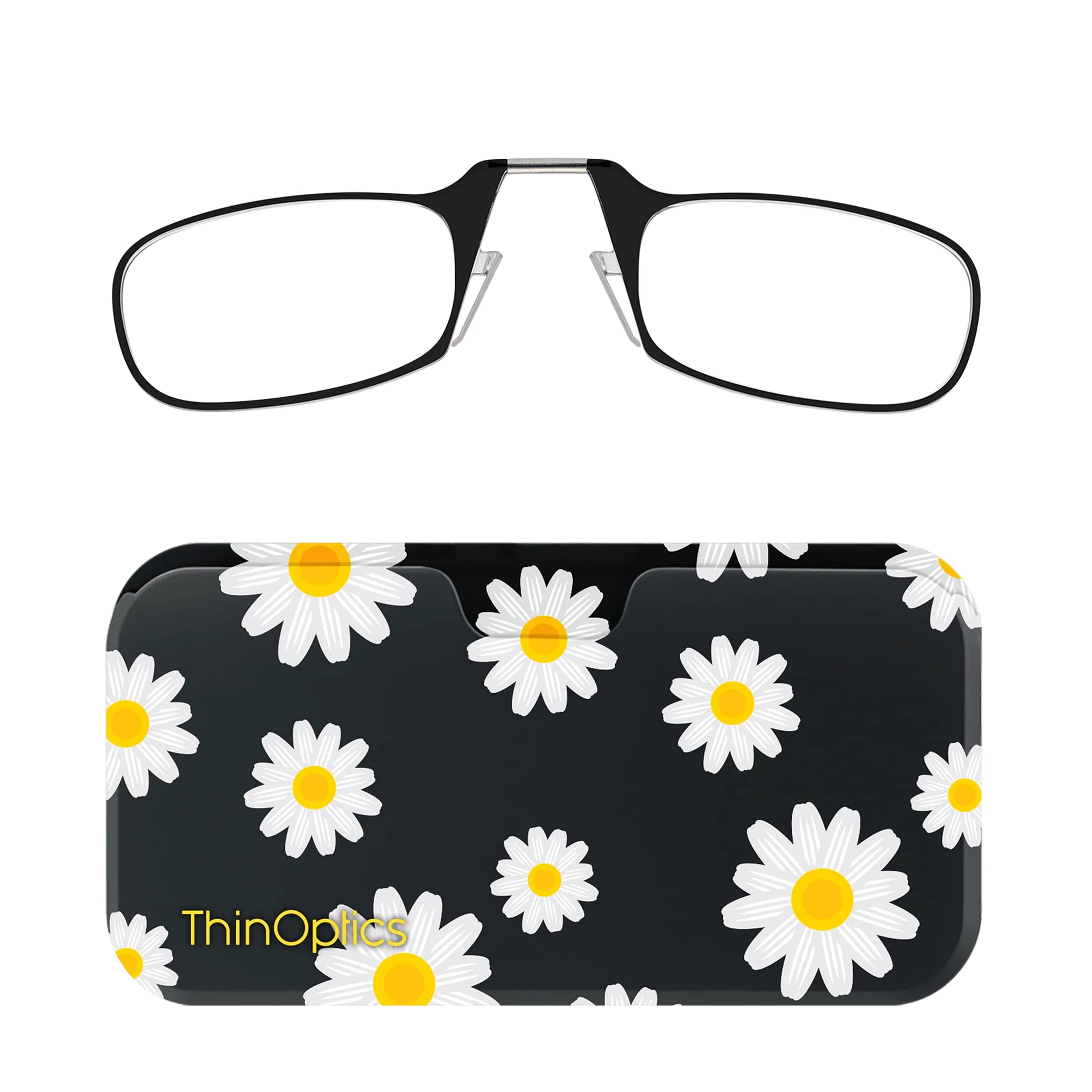 ThinOptics Reading Glasses 2.00 Black Frames with Daisy Universal Pod Compact Case, Ultra-light Foldable Rectangular Glasses