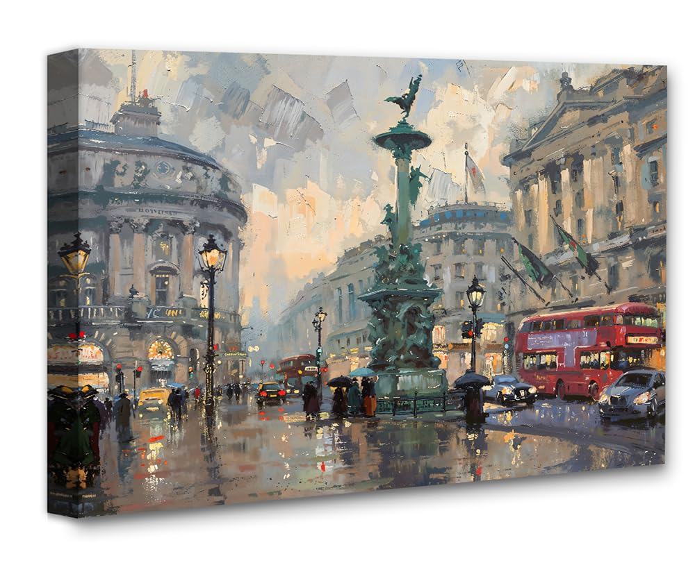 Rainy Day on Piccadilly Circus in London-28x36 Stretched Canvas Poster-Iconic Intersection Oil Painting, Urban Cityscape, Abstract, Rainy Atmosphere, Moody Impressionist Artwork for Condo or Apartment