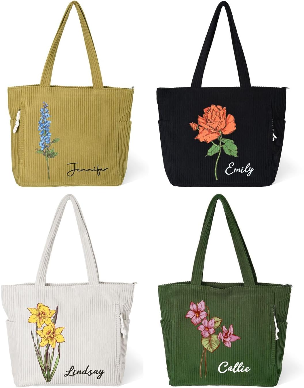 CALLIE Personalized Birth Flower Corduroy Tote Bag...