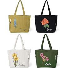 Personalized Birth Flower Corduroy Tote Bag for Women | Name Shoulder Bags
