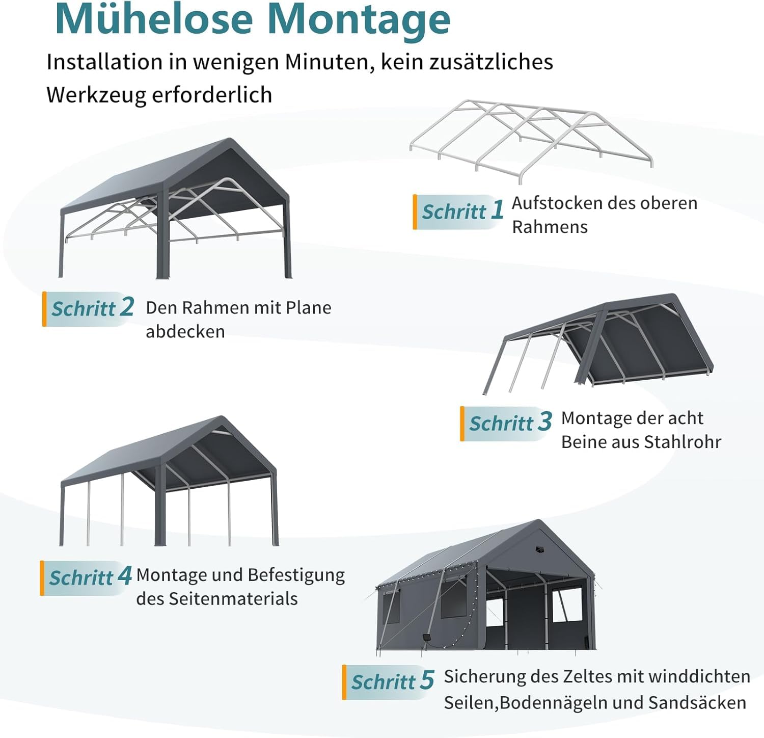 Tenda da garage extra large resistente all'inverno 6 x 6 m con finestra arrotolabile per auto, SUV, barche e camion - Pareti laterali e tetto rimovibili